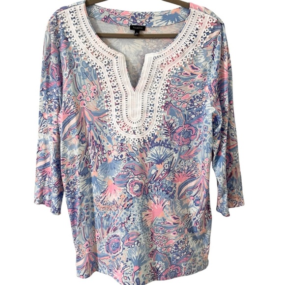 Talbots Lace Trim Tunic in "Flowing Floral" Pink Blue Size Large - Picture 2 of 9